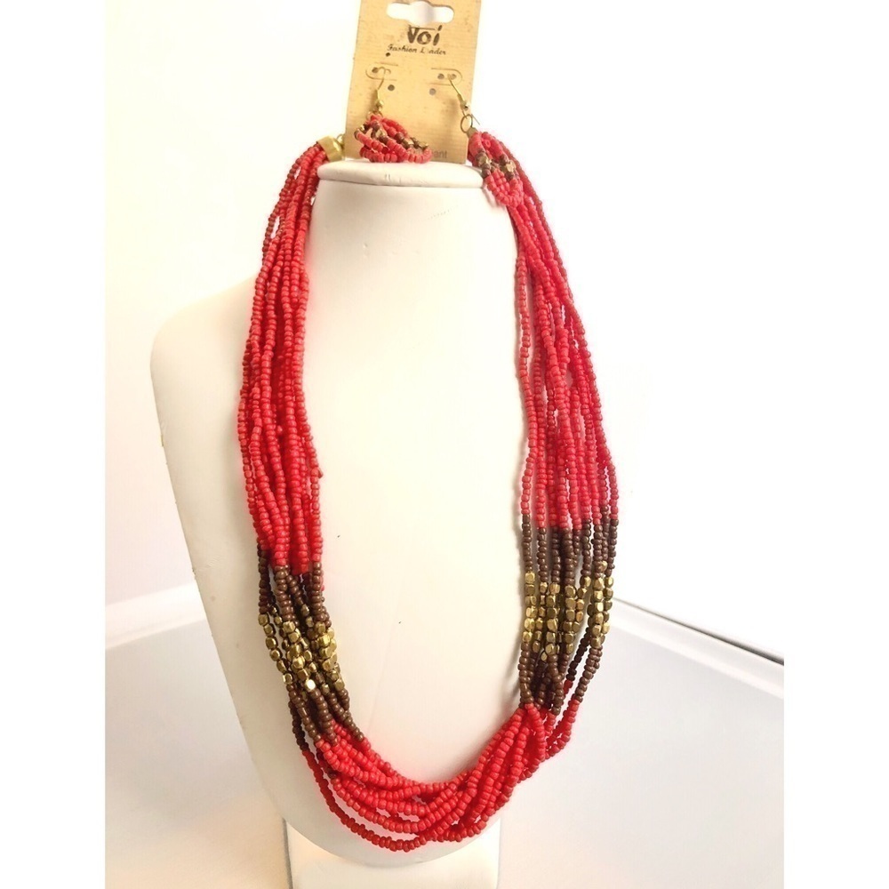 RED & BRONZE BEADED NECKLACE SET #451